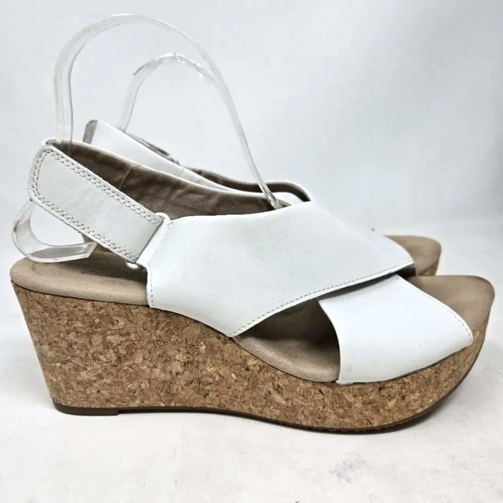 CLARKS Annadel Eirwyn White Leather Slingback Cork Wedge Sandals Sz 10‎